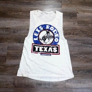 Country Deep White Crew-Neck Tank Top Womens S "Lets Rodeo Texas" Graphic Print